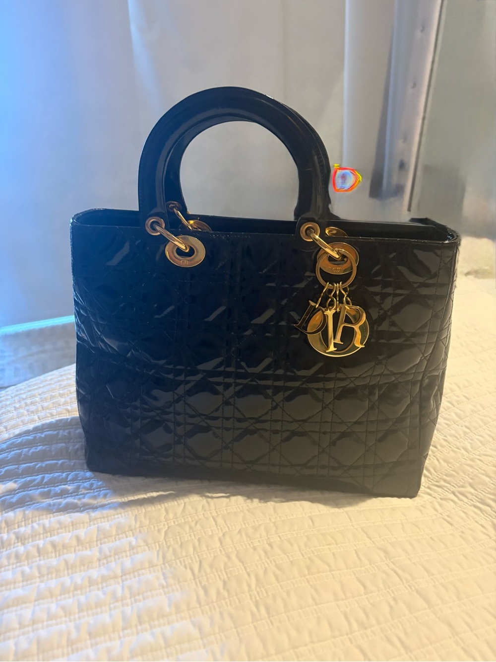 Dior Black Quilted Patent Tote Bag with Gold Charm